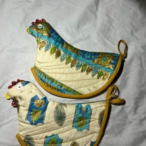 vintage Chicken Pot Holders Set of 2 🐔 Quilted Farmhouse Kitchen Decor Rooster 🐓